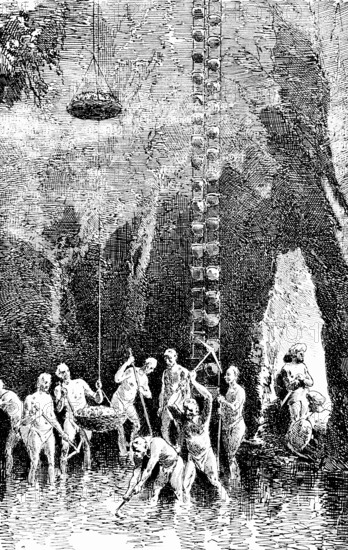 Diamond mine near Panna in the state of Madhya Pradesh, India, exploration of rough diamonds, mining, precious gemstone, mining, transparent crystal, heavy work, pickaxe, local workers, slaves, water, rocks, baskets, ladder, elevator, valuable jewelry, Asia, travel, historical illustration around 1900