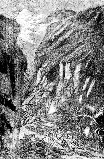 Barada River gorge near Damascus, mountain landscape, deep valley, river course, bare trees, Syria, travel, historical illustration around 1900