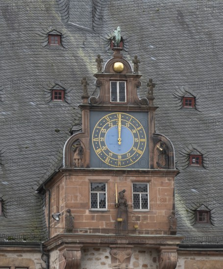 Clock with rooster at the town hall, Marburg, Hesse, Germany