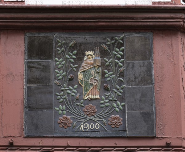 Decoration with Saint Elizabeth, pottery house, timber-frame, stony path 8, Marburg, Hesse, Germany