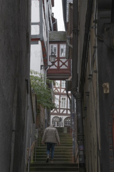 Schmale Gasse mit half-timbered house, Oberstadt, Marburg, Hesse, Germany