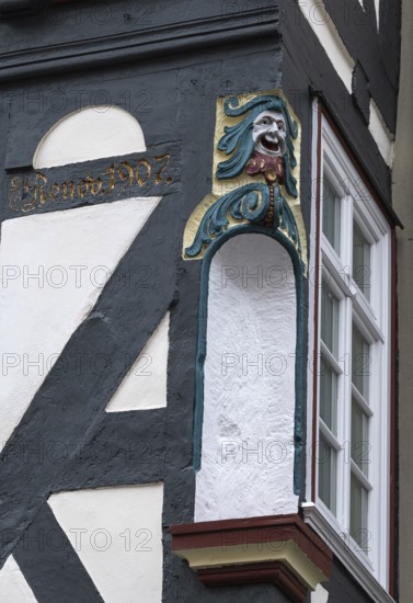 Decoration on half-timbered house, Barfüsserstraße, Marburg, Hesse, Germany