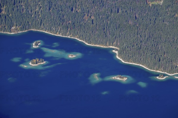 View of Lake Eibsee lake from the mountain station of the Zugspitz cable car (2962 m), Grainau municipality, Garmisch-Partenkirchen district, Bavaria, Germany