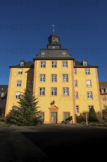 Numbers from 1 to 24 are placed in the windows of Gederner Castle, so that the building becomes an advent calendar during the Christmas season. The city of Gedern will be part of the Landesgartenschau in 2027, Wetterau, Gedern, Hesse, Germany