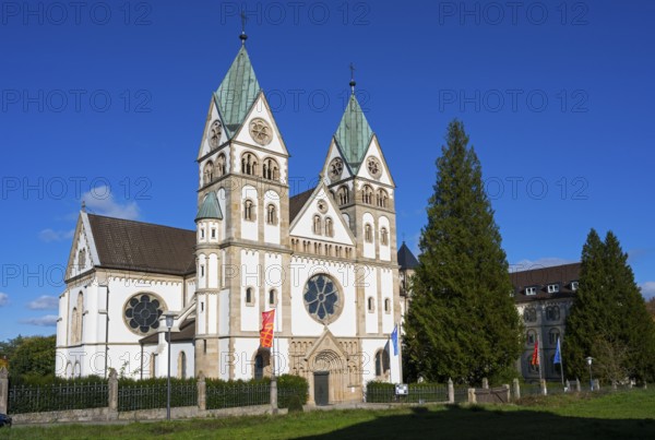 Impressive church with double towers against a blue sky and surrounded by trees, Bonifatiuskloster, Hünfeld, Konrad-Zuse-Stadt, Hesse, Germany