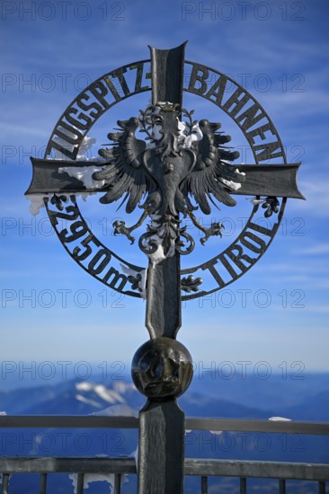 Cross at the mountain station of the Zugspitz cable car, Austrian side, municipality of Ehrwald, Reutte district, Tyrol, Austria