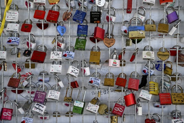 Love castles at the mountain station of the Zugspitz cable car, Austrian side, municipality of Ehrwald, Reutte district, Tyrol, Austria