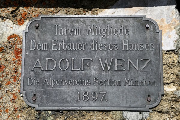 Memorial plaque at the Munich House at the mountain station of the Zugspitze cable car (2962 m), German side, Grainau municipality, Garmisch-Partenkirchen district, Bavaria, Germany