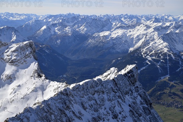 View of the Tyrolean Alps from the mountain station of the Zugspitz cable car, Austrian side, municipality of Ehrwald, Reutte district, Tyrol, Austria