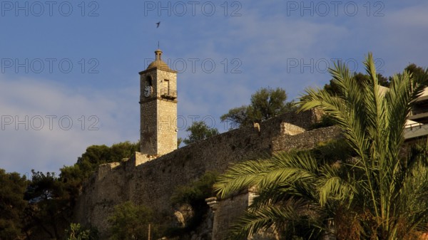 Stone tower with clock and palm trees under blue sky, Nauplion, Nafplion, Peloponnese, Greece