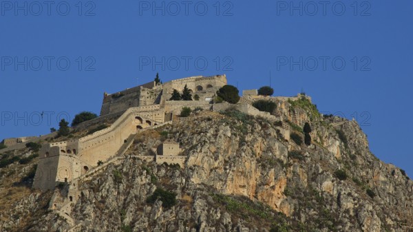 Palamidi fortress, stone castle on a high rock with a clear view of the sky, Nauplion, Nafplion, Peloponnese, Greece