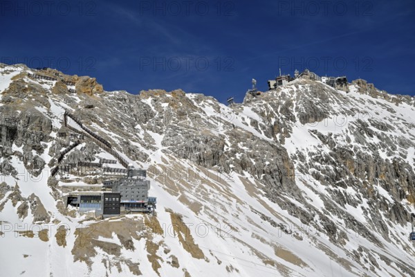 View of the Schneefernerhaus and the mountain station of the Zugspitz cable car (2962 m), Zugspitzplatt, Grainau municipality, Garmisch-Partenkirchen district, Bavaria, Germany