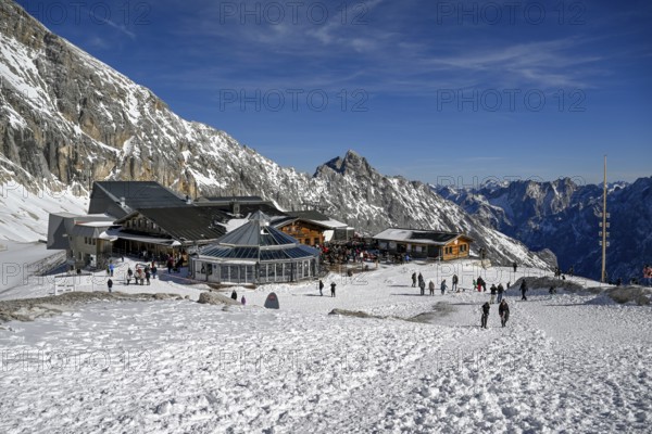 View of the Sonnalpin mountain restaurant on Zugspitzplatt, Grainau municipality, Garmisch-Partenkirchen district, Bavaria, Germany