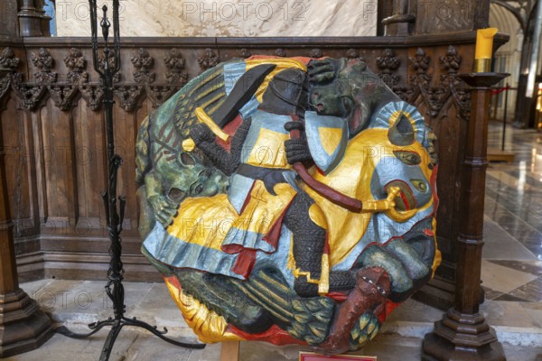 Replica roof boss inside Exeter cathedral church, Exeter, Devon, England, UK