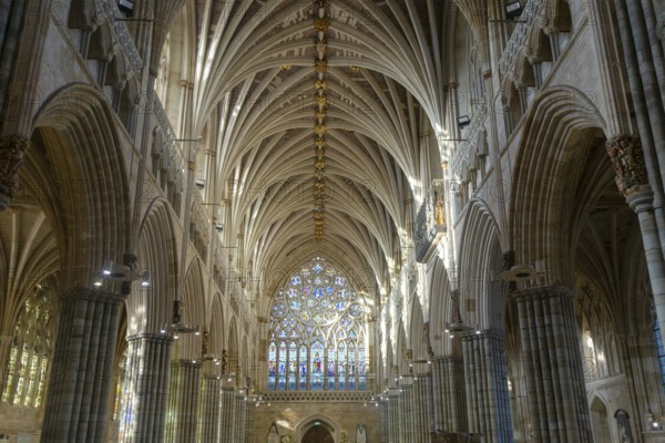 View to west window, vaulted ribbed ceiling inside Exeter cathedral church, Exeter, Devon, England, UK