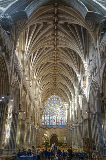 View to west window, vaulted ribbed ceiling inside Exeter cathedral church, Exeter, Devon, England, UK