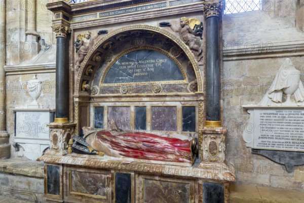 Memorial tomb effigy Bishop Valentine Carey died 1626, Exeter cathedral church, Exeter, Devon, England, UK