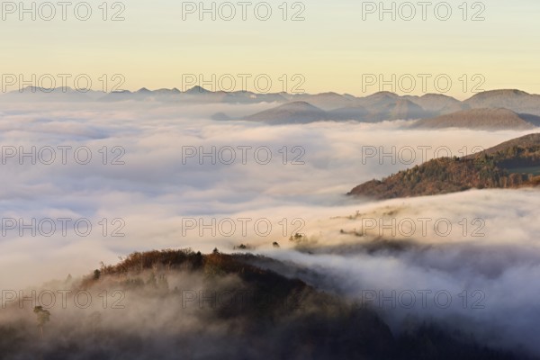 View from the Gisliflue of the Jurassic foothills covered in fog in the light of the rising sun, Talheim, Canton, Aargau, Switzerland