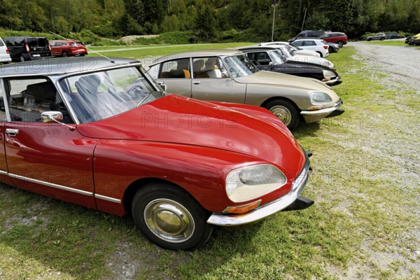 A group of parked vintage Citroën DS cars, classics with aerodynamic design, Chamonix-Mont-Blanc, Haute-Savoie, France