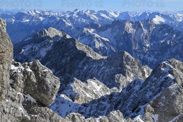 View of the Wetterstein Mountains from the mountain station of the Zugspitz cable car (2962 m), Grainau municipality, Garmisch-Partenkirchen district, Bavaria, Germany