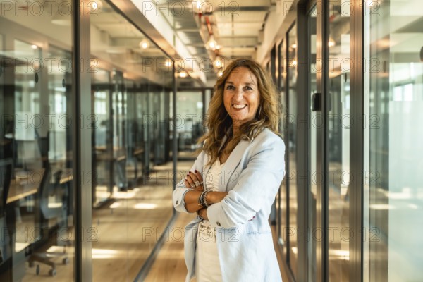 Mature businesswoman standing with folded arms in a bright modern office corridor, exuding confidence, professionalism, and leadership in the workplace