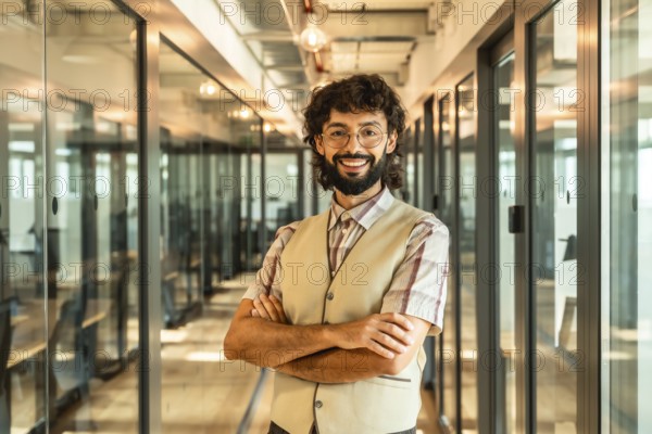 Young male business professional with curly hair and beard smiling for the camera while standing confidently with crossed arms in a contemporary corporate office or coworking space hallway