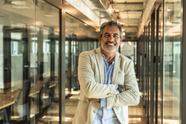 Mature executive standing confidently with arms crossed in a contemporary office corridor, celebrating success and projecting a professional and approachables