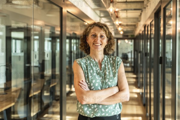 Professional woman with curly hair and arms crossed, confidently standing in a well lit modern office corridor with glass walls and coworking spaces on either side