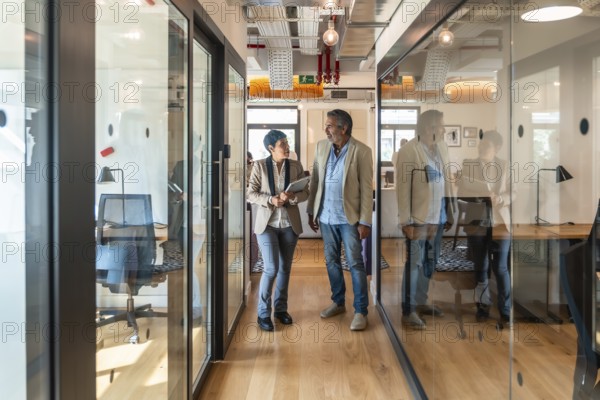 Two diverse business colleagues, a man and a woman, walking along a glass walled corridor in a contemporary office while discussing work and holding a tablet