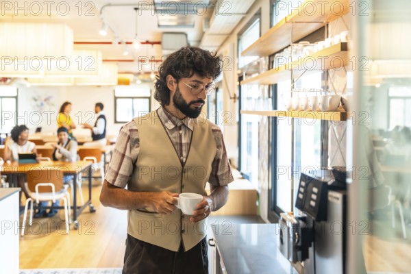 Young adult man with a beard and glasses holding a coffee cup. Preparing a drink at a coffee machine in a contemporary open plan office space during a break. With colleagues in the blurred background