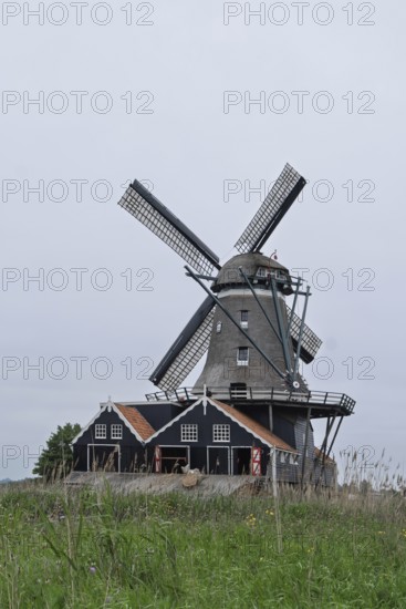 De Rat windmill on the river Geeuw, wood sawmill, Ijlst, Friesland Province, Netherlands