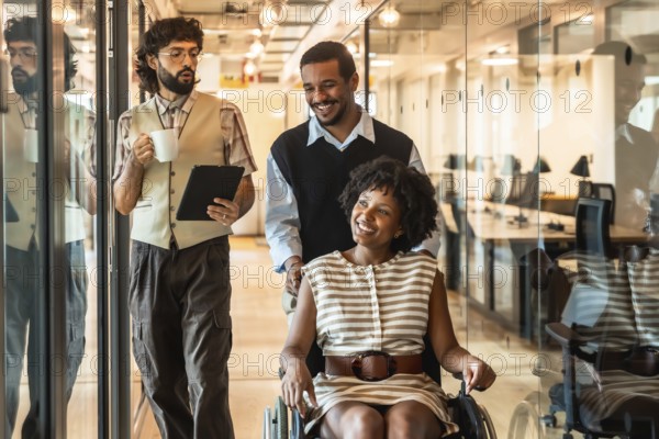 Diverse business colleagues collaborating in a inclusive modern office, a smiling woman in a wheelchair being pushed by a man while another man walks alongside holding a tablet and a coffee