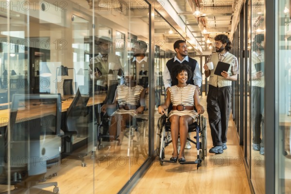 Diverse business team smiling and moving together through a contemporary glass walled office corridor, symbolizing teamwork, inclusion, and accessibility in the workplace