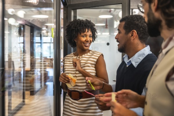 Diverse business people collaborating during an agile meeting, discussing creative concepts and sharing thoughts with colorful sticky notes on a glass office wall