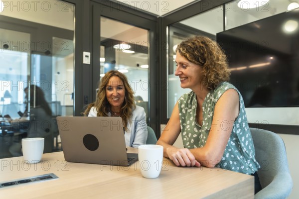 Two smiling professional women collaborating during a business meeting, actively engaged with a laptop in a contemporary coworking office environment, reflecting teamwork and happy colleagues