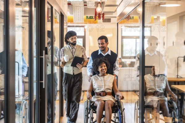 Diverse office colleagues walking together, two men assisting a smiling woman in a wheelchair, representing inclusion, disability support, and teamwork in a bright coworking space