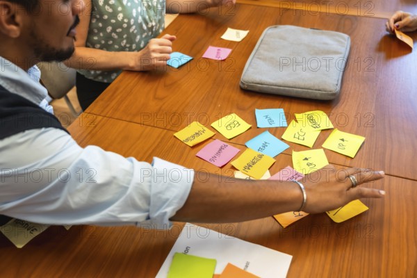 Business colleagues collaborating on a project, organizing ideas on a wooden table with colorful sticky notes during a corporate meeting, fostering teamwork and strategic planning