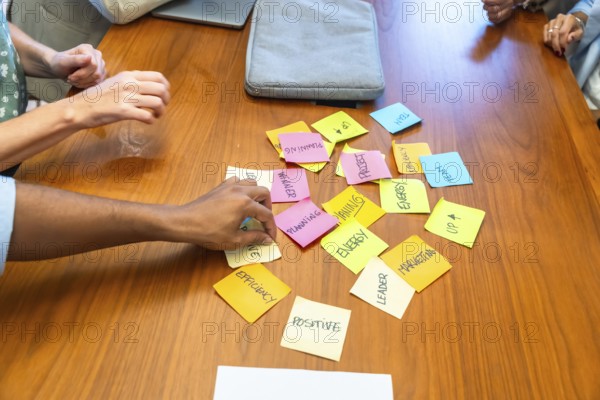 Diverse business colleagues collaborate around a wooden table, arranging colorful sticky notes and sketches during a lively strategy session to generate ideas and plan projects