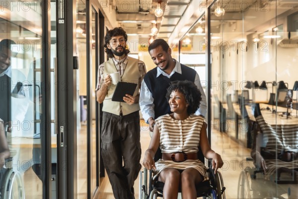 Diverse business colleagues pushing a smiling woman in a wheelchair through a modern office corridor, highlighting teamwork, accessibility, and workplace inclusion among professionals