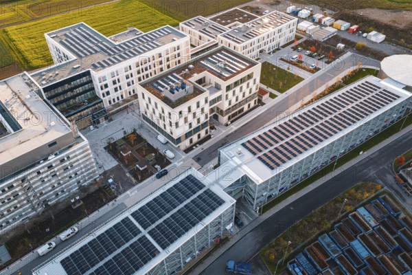 Overview of a modern office complex with solar systems and sustainable design, new hospital, Calw Health Campus, Black Forest, Germany