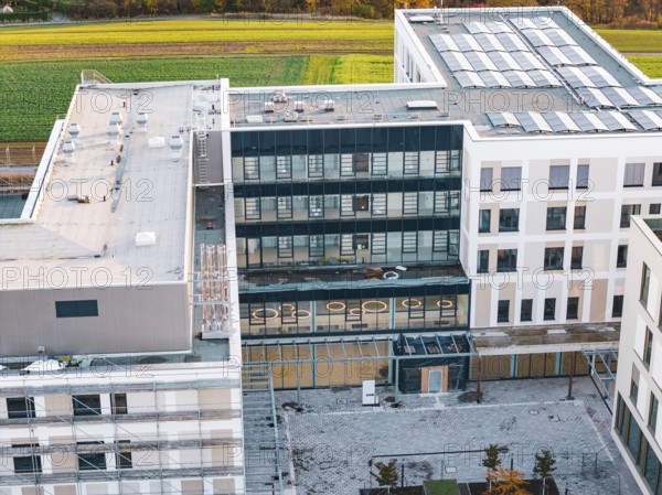 Detailed view of an office building with modern windows and solar panels, new hospital, Calw Health Campus, Black Forest, Germany