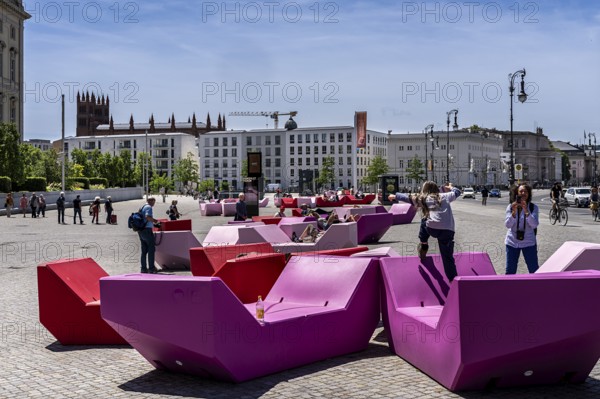 Plastic seating elements in front of the Humboldt Forum and the Lustgarten, Berlin, Germany