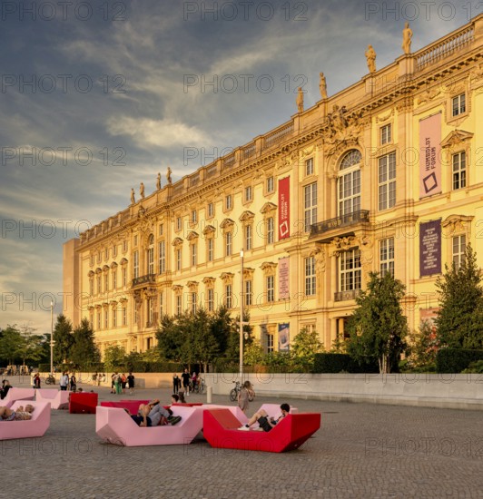 Plastic seating elements in front of the Humboldt Forum and the Lustgarten, Berlin, Germany