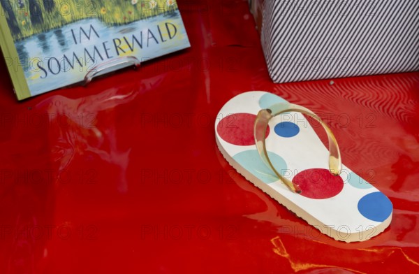Summer flip flop is in the window display of a bookstore, Frankfurt am Main, Hesse, Germany