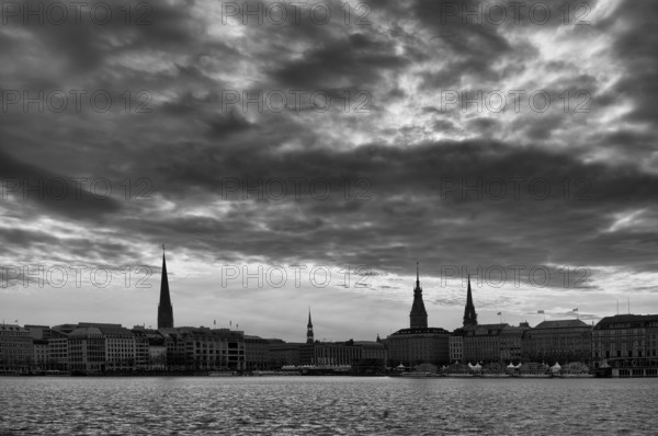 Inner Alster with Jungfernstieg, St. Nikolai church, town hall, main evangelical church St. Michaelis, Michel for short, Free and Hanseatic City of Hamburg, black and white, Germany
