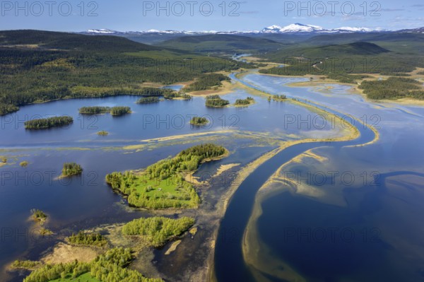 Aerial view over Storsjön in summer, lake near Storsjö in the Berg municipality at Härjedalen and part of the Ljungan main drainage basin, Sweden