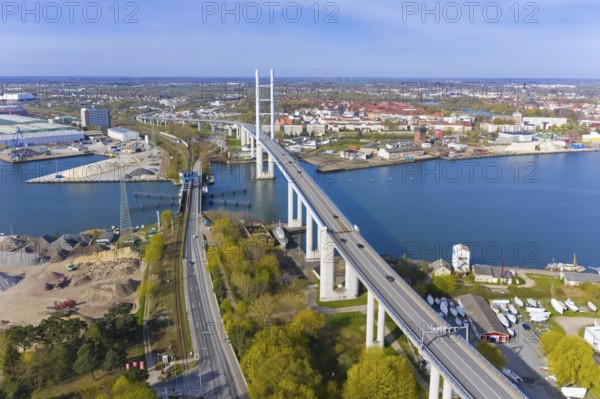 Aerial view over New Rügen Bridge and the old drawbridge at Stralsund along the Strelasund, sound of the Baltic Sea, Mecklenburg-Vorpommern, Germany