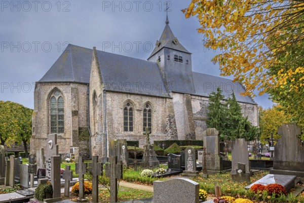 12th century Church of Our Lady, Onze-Lieve-Vrouwekerk in the village Wulveringem in autumn, fall, Veurne, West Flanders, Belgium