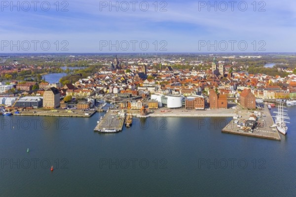 Aerial view over the harbour, port of Stralsund along the Strelasund, sound of the Baltic Sea, Mecklenburg-Western Pomerania, Germany
