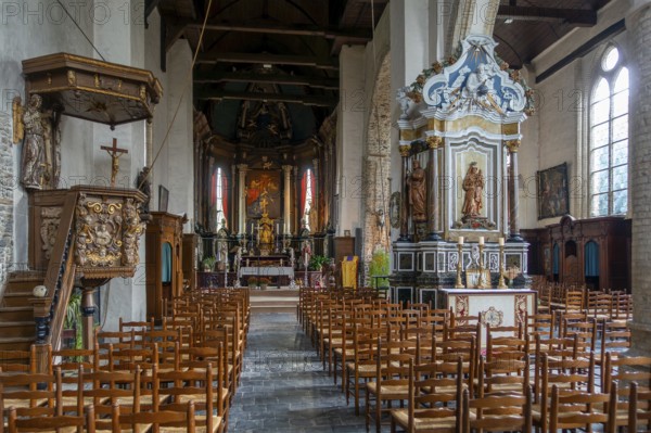 12th century Church of Our Lady, Onze-Lieve-Vrouwekerk interior in the village Wulveringem in autumn, fall, Veurne, West Flanders, Belgium